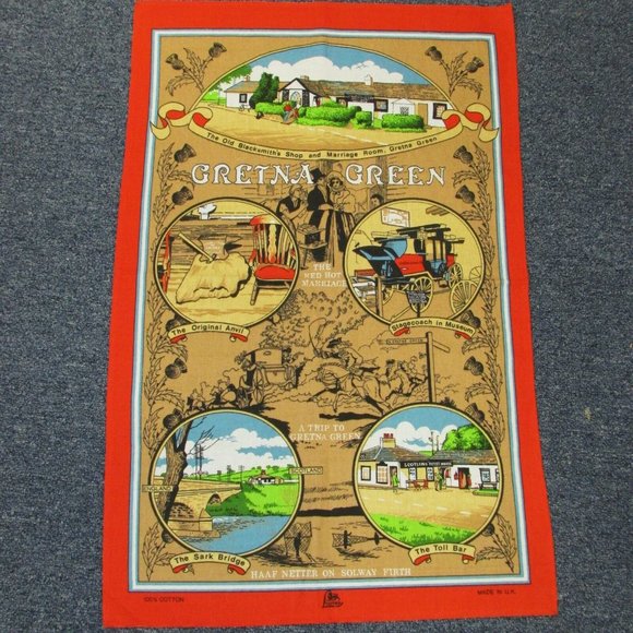 Vintage Red Kitchen Towel Gretna Green 100% Cotton - Picture 1 of 6